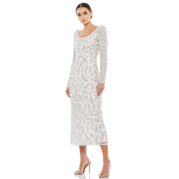 NEW Mac Duggal Foliage Embellished Midi Sheath Dress Ivory Women's Size 14 5424